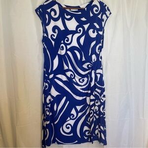DONNA MORGAN Women’s Blue White Swirl Pencil Dress‎ Ruche Cap Sleeve Size 14 NWT